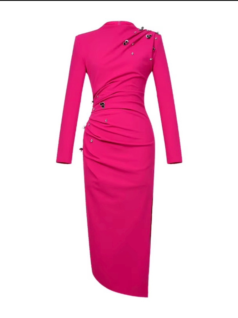 Fuchsia Long Sleeve Ruched Midi Dress with Embellishments